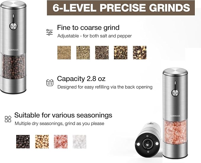 Electric Pepper Grinder and Salt Mill Set - Large Capacity USB Rechargeable Automatic Grinder with Dual LED Lights, One-Handed Operation & Slide Cover - Brushed Stainless Steel