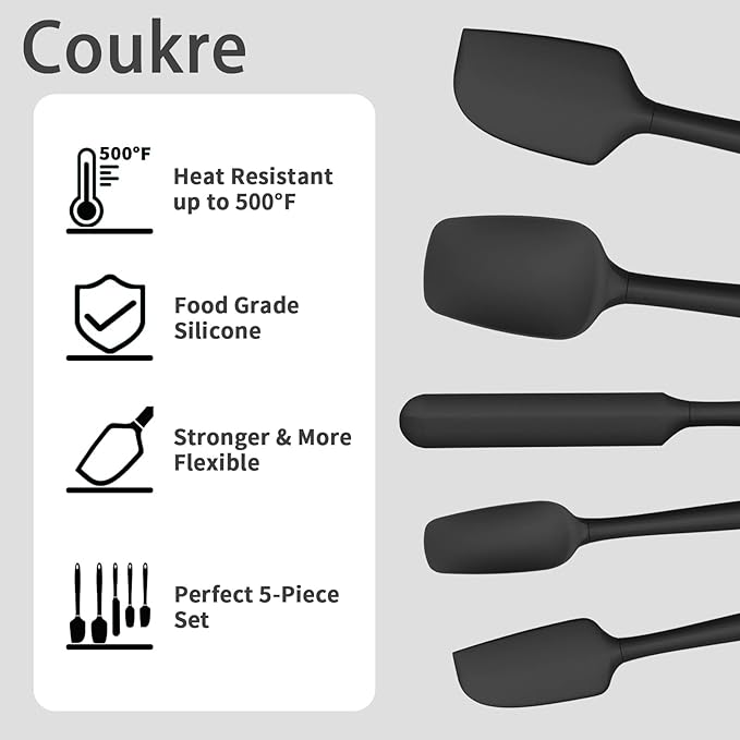 Coukre Silicone Spatula Set of 5,High Temperature Resistant, Food Grade Silicone, Dishwasher Safe, for Baking, Cooking (Pure Black)