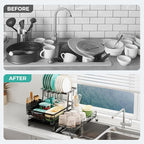 2 Tier Dish Drying Rack - Large Extendable Dish Rack, 2-in-1 Anti-Rust Stainless Steel Dishrack for Kitchen Counter and Sink, Dish Strainer with Utensil Holder & Cup Holder(Black)