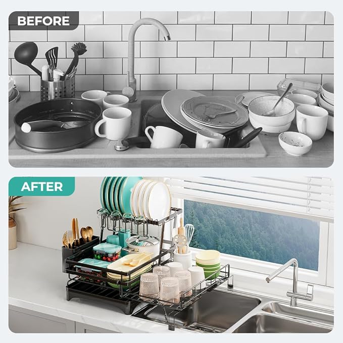 2 Tier Dish Drying Rack - Large Extendable Dish Rack, 2-in-1 Anti-Rust Stainless Steel Dishrack for Kitchen Counter and Sink, Dish Strainer with Utensil Holder & Cup Holder(Black)