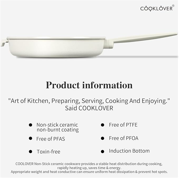 COOKLOVER Nonstick Ceramic Fry Pan, Non-Toxic, PTFE&PFOA Free, Induction Compatible Egg Skillet Frying Pan with Heat Resistant Handle, 9.5 Inch – Cream White