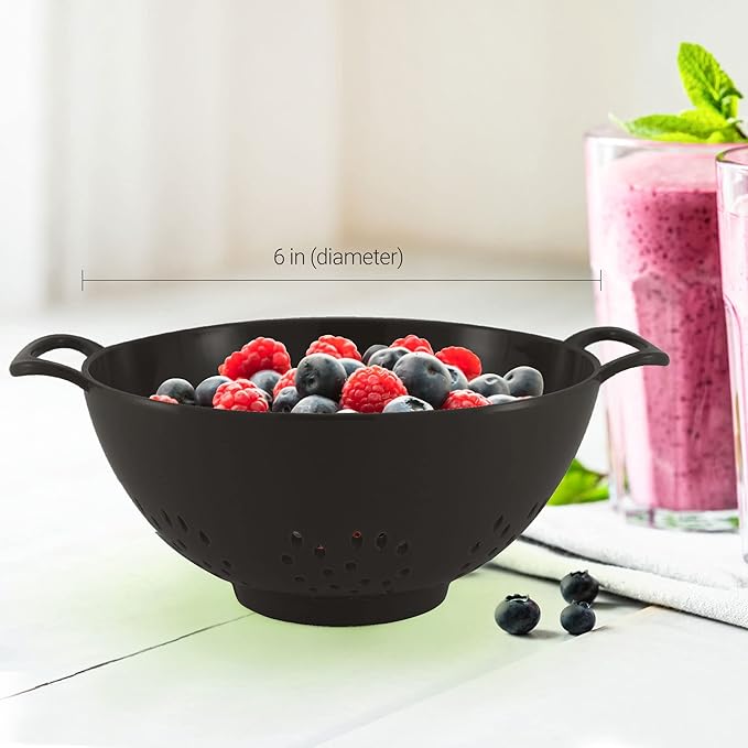 Meadow Lane 6-inch Small Colander, BPA-Free, Dishwasher Safe, Double Handles, Compact Food Strainer for Berries, Veggies and Pasta, 3-Cup Capacity, Glossy Black