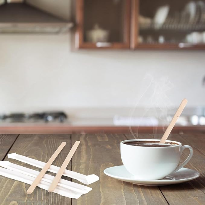 210PCS Wooden Coffee Stirrers, Individually Wrapped, Wooden Beverage Mixer, 5.5" Coffee Stir Sticks-Biodegradable Eco-Friendly Round End Disposable coffee stirrer, For Coffee, Cocktail, Hot Drinks