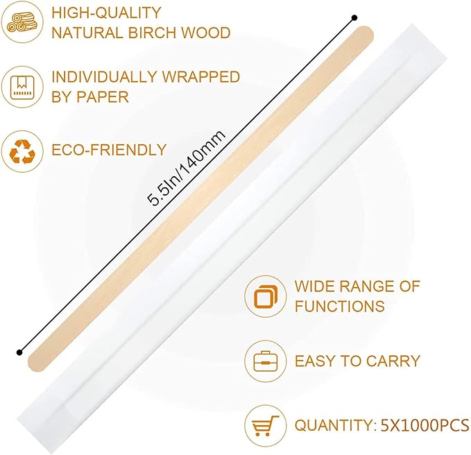 5×1000Pcs Disposable Wood Coffee Stir Sticks Stirrers Individually Paper Wrapped Coffee Tea Beverage Stirrers Stirrings 5.5 Inch,140mm