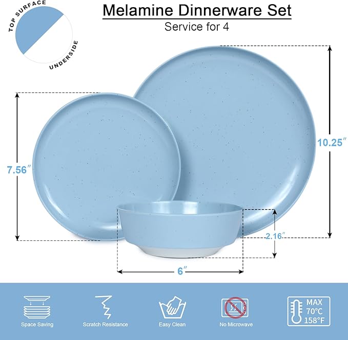 Webbylee 12-Piece Melamine Dinnerware Set - Unbreakable Plates & Bowls Set for 4, BPA-Free Lightweight Kitchen Dishes Idear for Camping, Picnic, Party,Blue & Beige