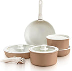 GOURMETIFIC® Pots and Pans Cookware Set [11 PIECES] - Non Toxic Ceramic Coated Cooking Ware - Induction, Gas & Oven Kitchenware - Non Stick Pot & Pan with Removable Handles & Stackable (Taupe)