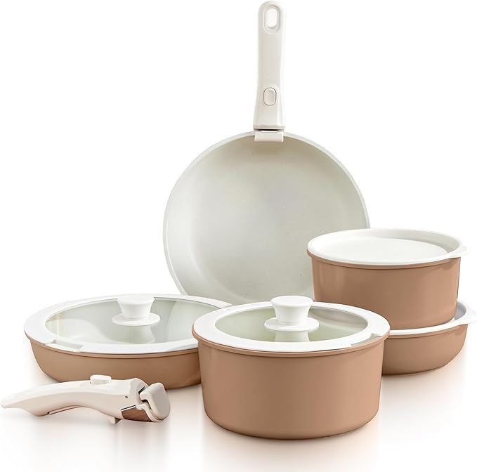 GOURMETIFIC® Pots and Pans Cookware Set [11 PIECES] - Non Toxic Ceramic Coated Cooking Ware - Induction, Gas & Oven Kitchenware - Non Stick Pot & Pan with Removable Handles & Stackable (Taupe)