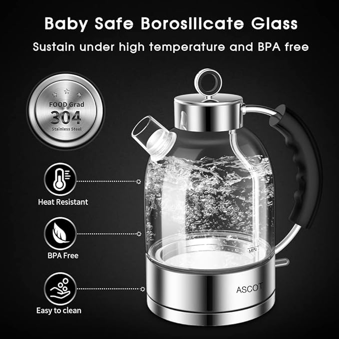ASCOT Electric Kettle, Glass Electric Tea Kettle Gifts for Men/Women/Family 1.5L 1500W Borosilicate Glass Tea Heater, with Auto Shut-Off and Boil-Dry Protection (Silver)