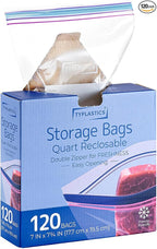 TYPLASTICS Quart Food Storage Zip Bags, 120 Count, Double Zipper, Easy Open Design, Reclosable