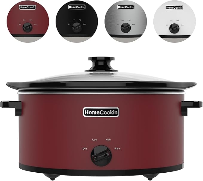 HOMECOOKIN 6 Quart Slow Cooker Oval Manual Pot Food Warmer with 3 Cooking Settings, Red Stainless Steel
