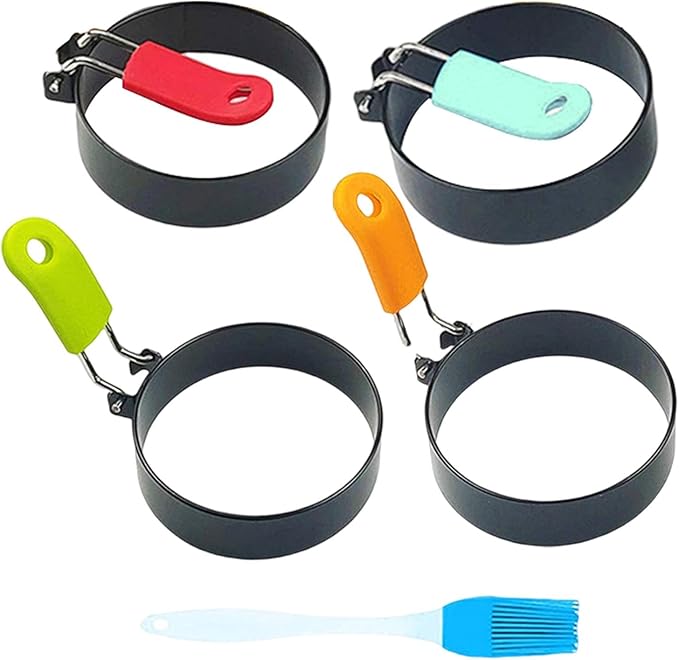 4 Pack Egg Rings,Stainless Steel Frying Ring Tool Non Stick Egg Frying Rings with Folding Handles and Oil Brush for Cooking Breakfast Sandwich Burger(COLOR:black)