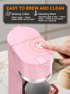 Single Serve Coffee Maker for K-Cup and Ground Coffee, Fast Brew, 6-12 oz Brew Sizes One Cup Coffee Machine Fits 5.5" Mugs, One-Button Small Coffee Maker with Descaling Reminder,Pink