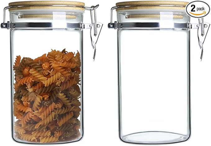 Glass Storage Jar with wooden Locking Clamp, Coffee Bean & Kitchen Food Container, Glass Sourdough Starter Jar (2PACK 50 OZ)