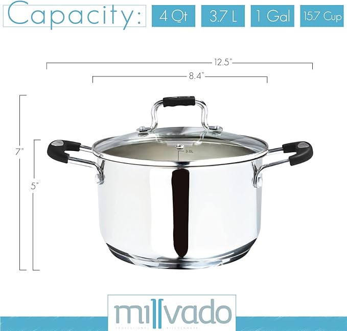 Stainless Steel Stock Pot, 4 Quart, With Clear Glass Lid, Steam Hole, Permanent Markings, Gas, Electric & Induction Compatible