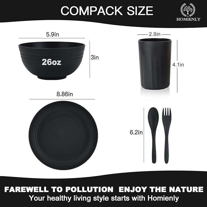Homienly Wheat Straw Dinnerware Sets, 20pcs Unbreakable Microwave Dishwasher Safe Tableware Lightweight Bowls, Cups, Plates Set Reusable Dinner Plates Bowls set (Matte Black)