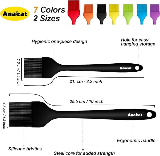 Anaeat 2 Pack Silicone Basting Pastry Brushes - Heat Resistant Brush with Soft Bristles, Hygienic One-Pieces Design, Marinade Brush Great in Baking for Spreading Oil Butter Sauce BBQ Grill (Black)