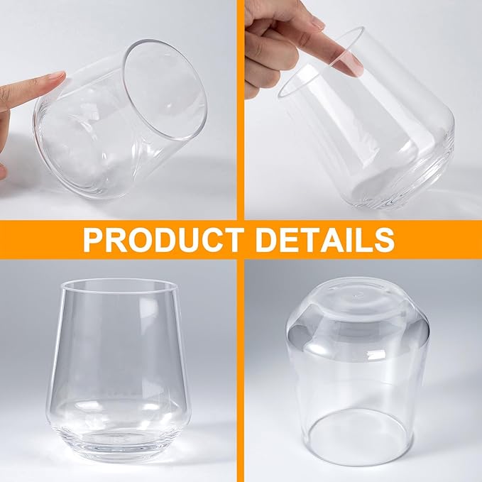 KX-WARE Unbreakable 16-ounce Acrylic Stemless Wine Glasses All Purpose Plastic Tumbler, set of 6 Clear Dishwasher Safe BPA Free Classic Style