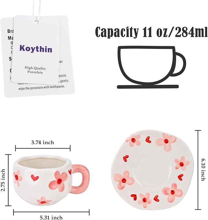Koythin Ceramic Coffee Mug with Saucer Set, Cute Creative Pink Flower Cup Unique Irregular Design for Office and Home, 10 oz/300 ml for Latte Tea Milk
