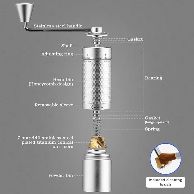 Manual Coffee Grinder, Hand Coffee Grinder, Metal Body with Seven star titanium plated 440 Stainless Steel Conical Burr Portable Coffee Grinders for Home Use, Office, Travel
