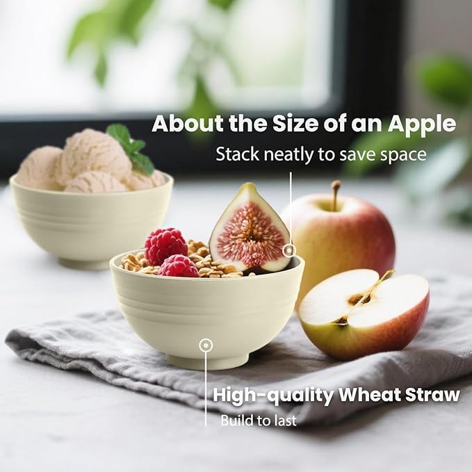Beige Wheat Straw Bowls, 10 OZ Snack Bowl Set of 8, Unbreakable Ice Cream Bowl Set, Alternative Plastic Bowls Reusable, Microwave Safe Small Appetizer Bowl for Dessert, Snack (Beige)