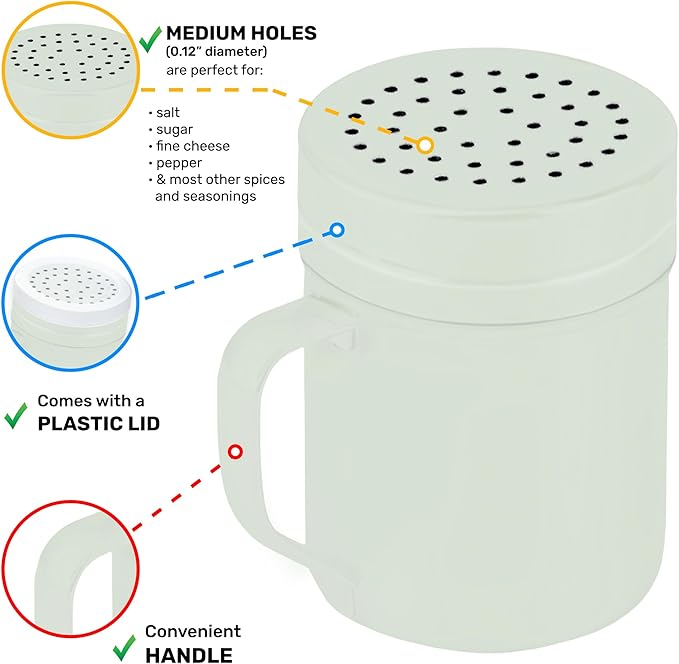 CUSINIUM 10oz Sage Stainless Steel Salt Pepper Dredge Shakers - With Plastic Cap - With Handle - Pack of 2