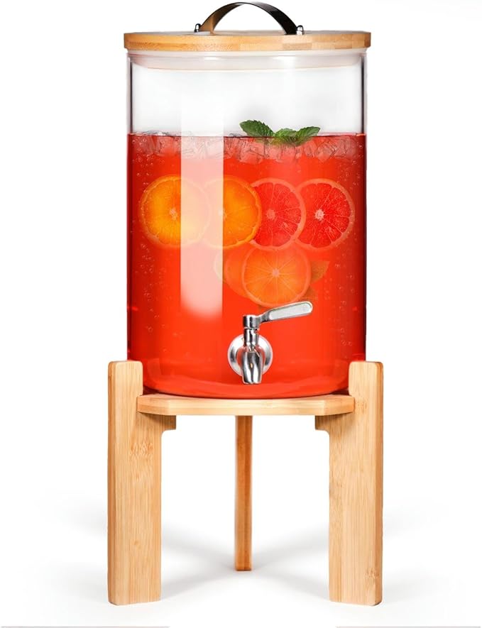 Glass Beverage Dispenser with Bamboo Stand and Lid, Iced 2.1 Gallon Drink Server with Spigot, Large Thick Glass Drink Dispenser for Parties, Hotels, Restaurants, Homes