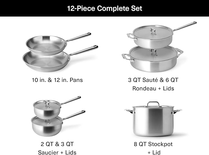 Misen 5-Ply Stainless Steel Cookware Set - Versatile, Dishwasher Safe - 12-Piece Set - 10" Skillet, 12" Skillet, 3 QT Saute Pan & 6 QT Rondeau + Lids, 2 QT & 3 QT Saucier + Lids, 8 QT Stockpot + Lid