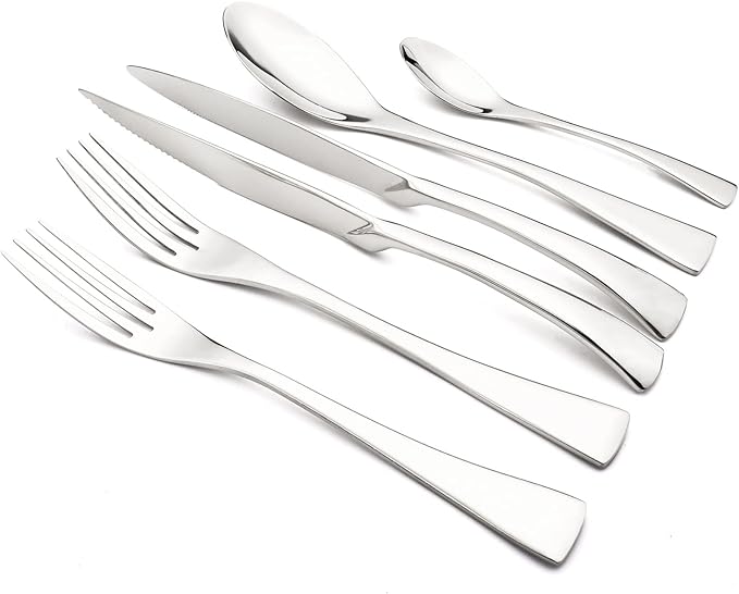 24-Piece Silver Flatware, Mirror 18/10 Stainless Steel Modern & Luxury Dinnerware Set With Serrated Steak Knife Teaspoon For Daily Use or Dinner Party Restaurant - Service For 4