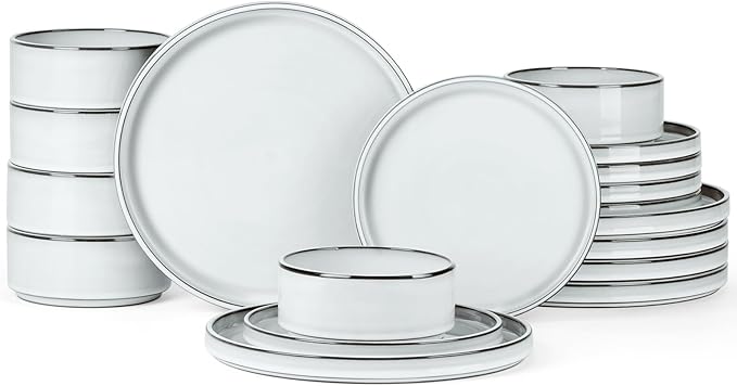 Ceramic Dinnerware Sets for 6, Onader Stoneware Plates and Bowls with Rustic Terracotta Bottom, Elegant Kitchen Dinner Dish Set, 18-Piece Dishware Tableware - Glacier White