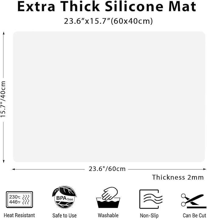 2MM Thick Silicone Countertop Mat, 23.6"x 15.7"(60cmx40cm), Silicone Mats for Kitchen Counter, Nonslip Heat Resistant Mat, Large Kitchen Counter Mats, Waterproof Countertop Protector, Semitransparent