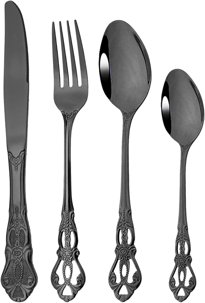 Royal 24-piece Black Mirror Silverware Dinnerware, 18/10 Stainless Steel Luxury Cutlery Set Service For 6 Include Knives/Forks/Spoons/Teaspoons, Dishwasher Safe