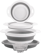 Collapsible Colander Set with Universal Draining Tray | 3-Pack Foldable Kitchen Strainers + Base | Space Saving for Pasta, Veggies, Fruit & Rice | 5 Colors (Gray-White)