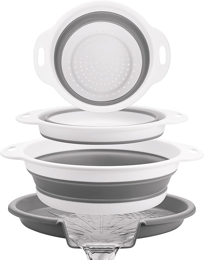 Collapsible Colander Set with Universal Draining Tray | 3-Pack Foldable Kitchen Strainers + Base | Space Saving for Pasta, Veggies, Fruit & Rice | 5 Colors (Gray-White)