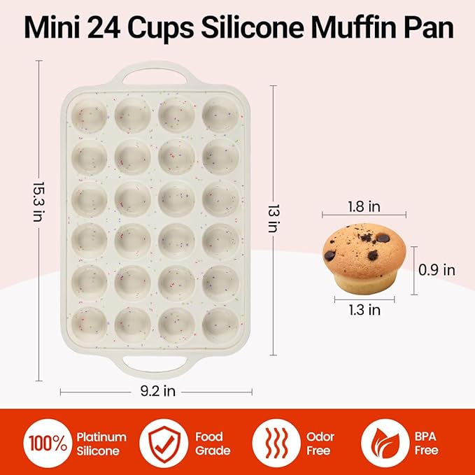 Mini Cupcake Pans, Metal Reinforced Frame Silicone Mini Muffin Pan Nonstick 24 Cups Easy to Handle for Baking Muffins, Cupcakes, Egg Bites 1 Pack