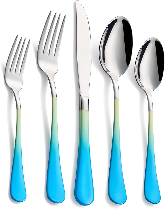 20-Pieces Color Silverware Sets for 4,Blue and Yellow Handle Stainless Steel Cutlery Set, Include Forks Spoons and Knives Set, Dishwasher Safe Utensil Sets for Home Restaurant