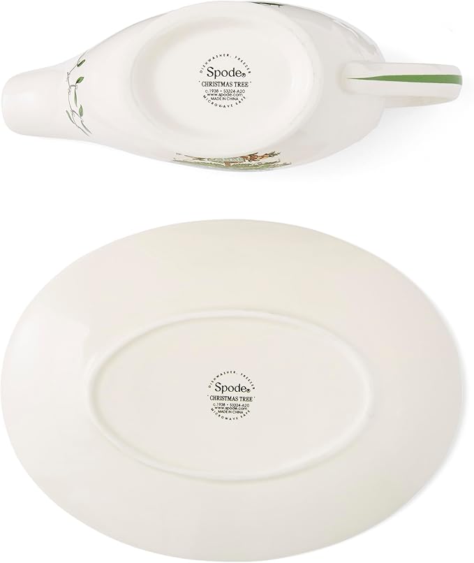 Spode Christmas Tree Gold 10 Oz Gravy Boat and Stand - Elegant Christmas Porcelain Sauce Boat, 22K Gold Accents, Luxurious Holiday Serveware for Gravy, Sauces, Festive Gatherings, Dishwasher Safe