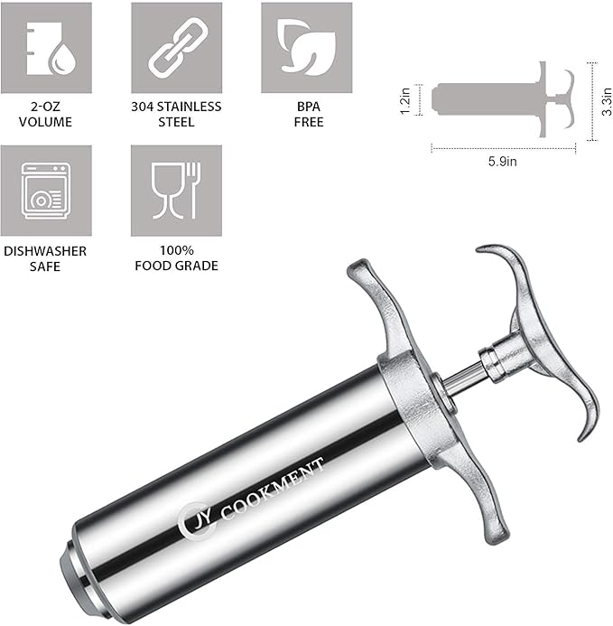 JY COOKMENT Meat Injector Syringe - Flavor Injector with 3 Stainless Steel Professional Needles;2pcs Cleaning Brush for BBQ Grill Smoker 2-oz Large Capacity Barrel