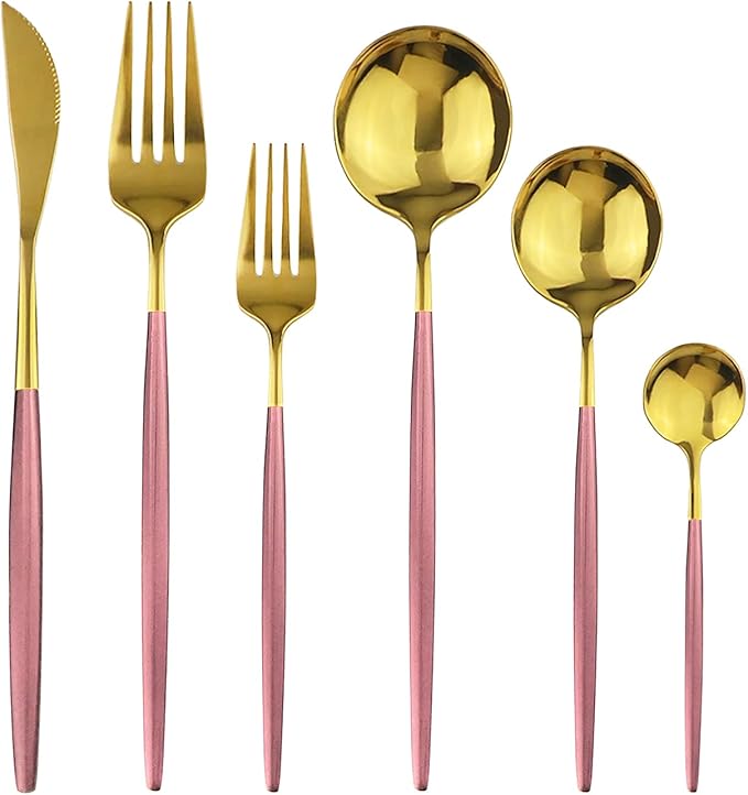 36-Pieces Silverware Mirror Polished Dinnerware Gold Flatware With Pink Handle, 18/0 Stainless Steel Cutlery Set For Home Kitchen Party Hotel Restaurant Wedding Service for 6