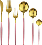 36-Pieces Silverware Mirror Polished Dinnerware Gold Flatware With Pink Handle, 18/0 Stainless Steel Cutlery Set For Home Kitchen Party Hotel Restaurant Wedding Service for 6