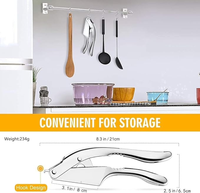 3-in-1 Stainless Steel Garlic Press & Peeler Machine - Professional Garlic Mincer, Crusher, and Chopper with Silicone Peeler & Brush - Essential Kitchen Gadget for Perfectly Minced Garlic