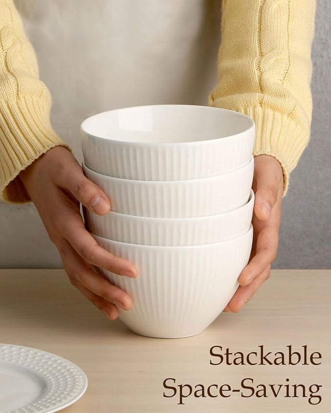 NUTRIUPS 5.5x3.5 in Soup Bowls, 25 oz Deep Cereal Bowl Set, Ceramic, Microwave Safe Bowl, Set of 4 White Bowl for Oatmeal Chili Salad