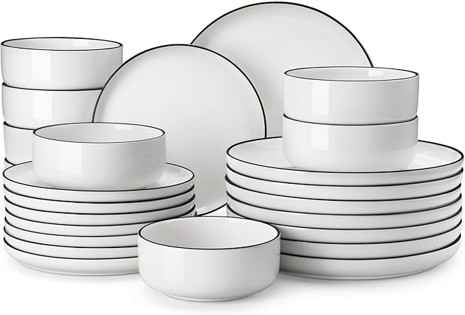 MALACASA Plates and Bowls Sets, 24 Pieces Modern Porcelain Dinnerware Set for 8 White Kitchen Dinner Dining Ware Set wtih Black Rim Ceramic Dishware Dishes Microwave and Dishwasher Safe, Series LUNA