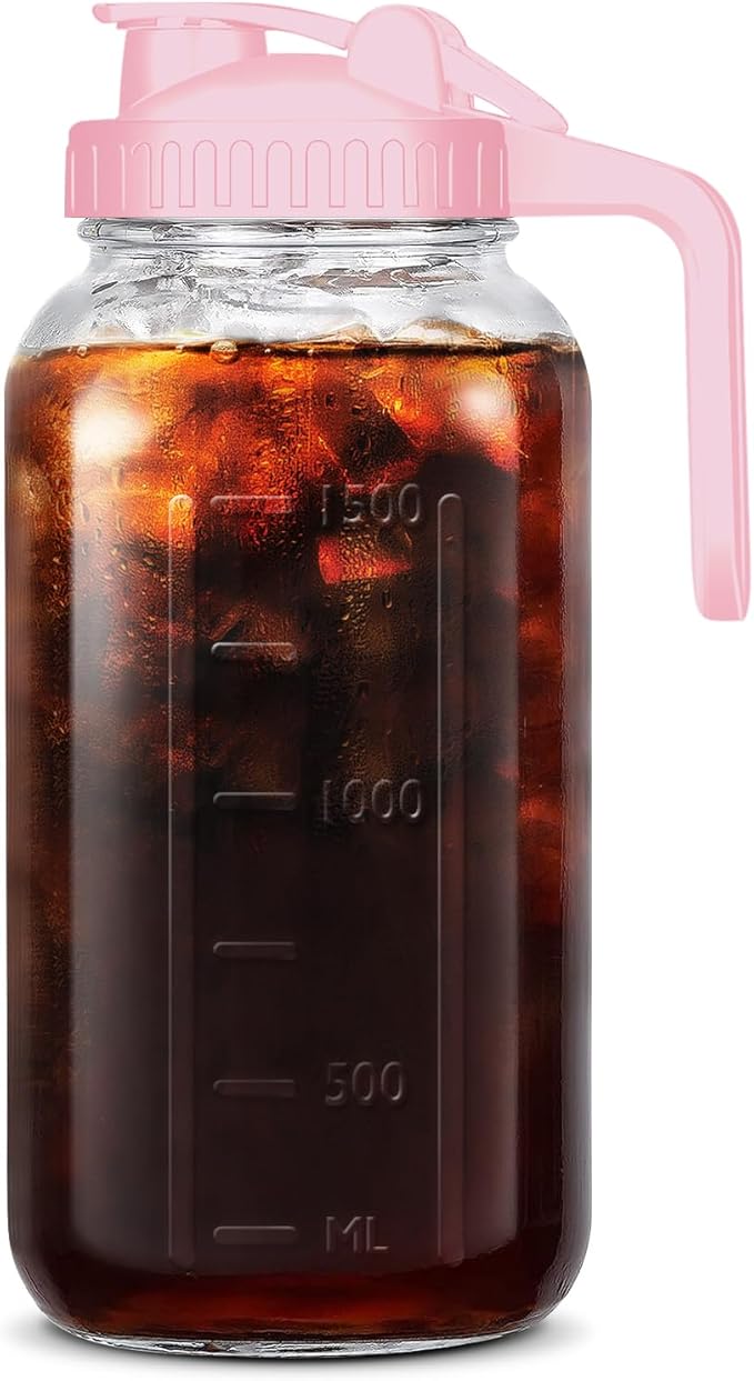 Mason Jar Pitcher, 64 OZ Breast Milk Pitcher Double Leak Proof with Pour Spout Handle, Wide Mouth Iced Tea Pitcher for Fridge, Creamer Container for Coffee, Sun Tea juice (Pink,1 Pack)