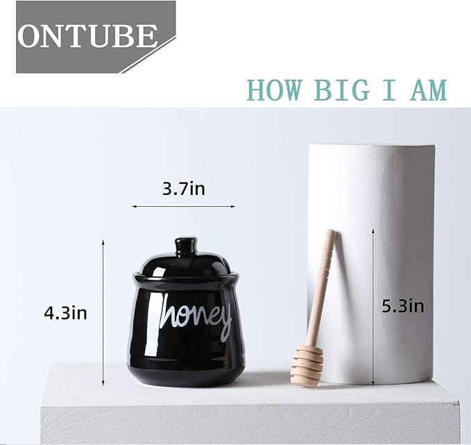 ONTUBE Honey Jar with Dipper and Lid, Ceramic Honey Pot 12oz, Black