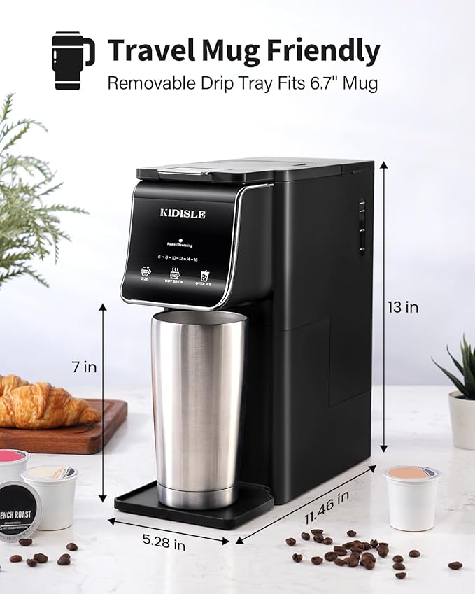 Single Serve Coffee Maker – Hot & Iced, K Cup & Ground Compatible, Reusable Pod Filter, 6–16oz Brew Sizes, 40oz Water Tank, Easy-to-Use, Black