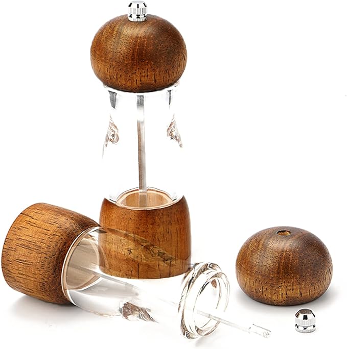 Salt and Pepper Grinder Set Wooden Pepper Mill, 2pcs 6 Inch Archaizing Manual Pepper Grinder Adjustable Coarseness Salt and Pepper Shakers with Transparent Acrylic