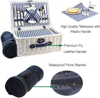 Picnic Basket Willow for 4 Persons, Large Wicker Hamper Set with Big Insulated Cooler Compartment, Fleece Blanket with Waterproof Backing and Cutlery Service Kit- Fashionable White Washed Color