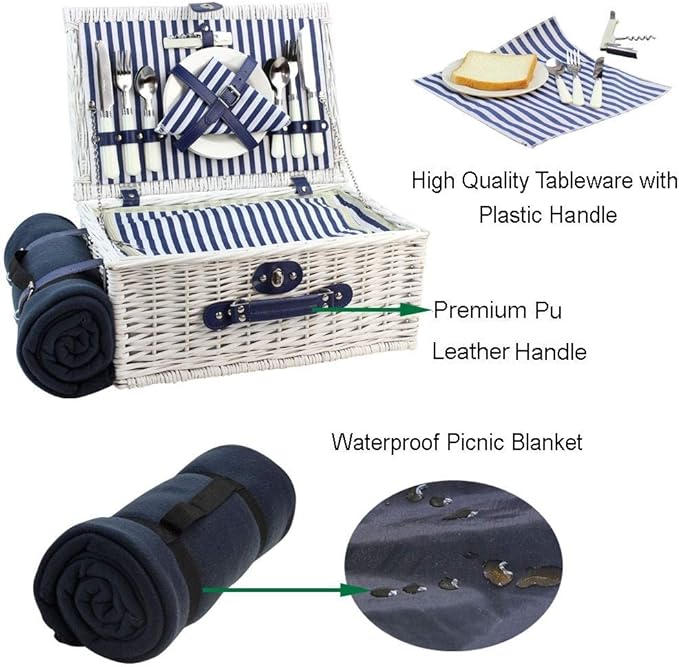 Picnic Basket Willow for 4 Persons, Large Wicker Hamper Set with Big Insulated Cooler Compartment, Fleece Blanket with Waterproof Backing and Cutlery Service Kit- Fashionable White Washed Color