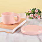 Koythin Ceramic Coffee Chubby Mug Saucer Set, Creative Cute Fat Handle Cup with Saucer for Office and Home, Dishwasher and Microwave Safe, 10 oz for Latte Tea Milk (Pink)