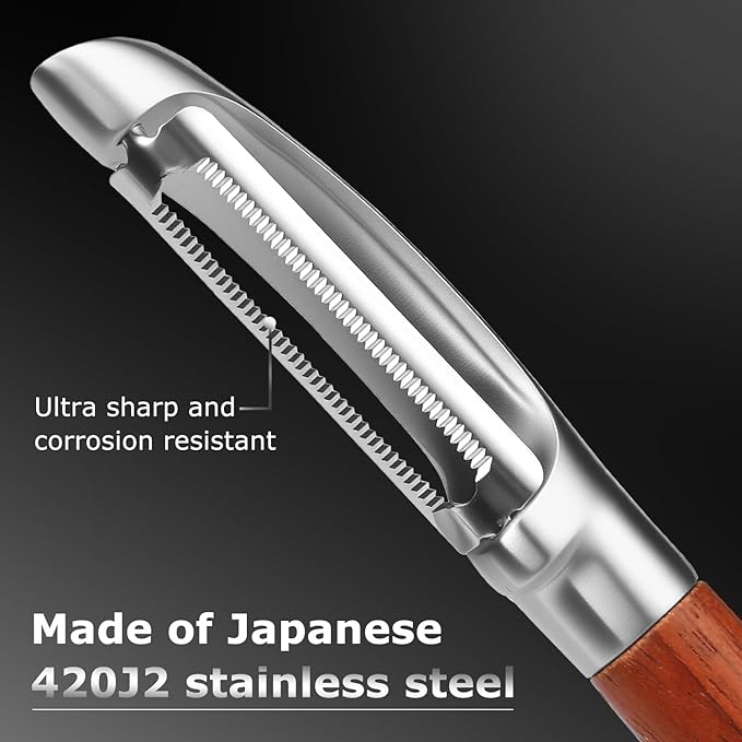 Peeler, Japanese Stainless Steel Blade with Non-Slip Real Wood Handle, Ultra Sharp Potato Peeler for Kitchen, Apple, Cucumber & Carrot I-Shaped Peeler – Serrated Blade
